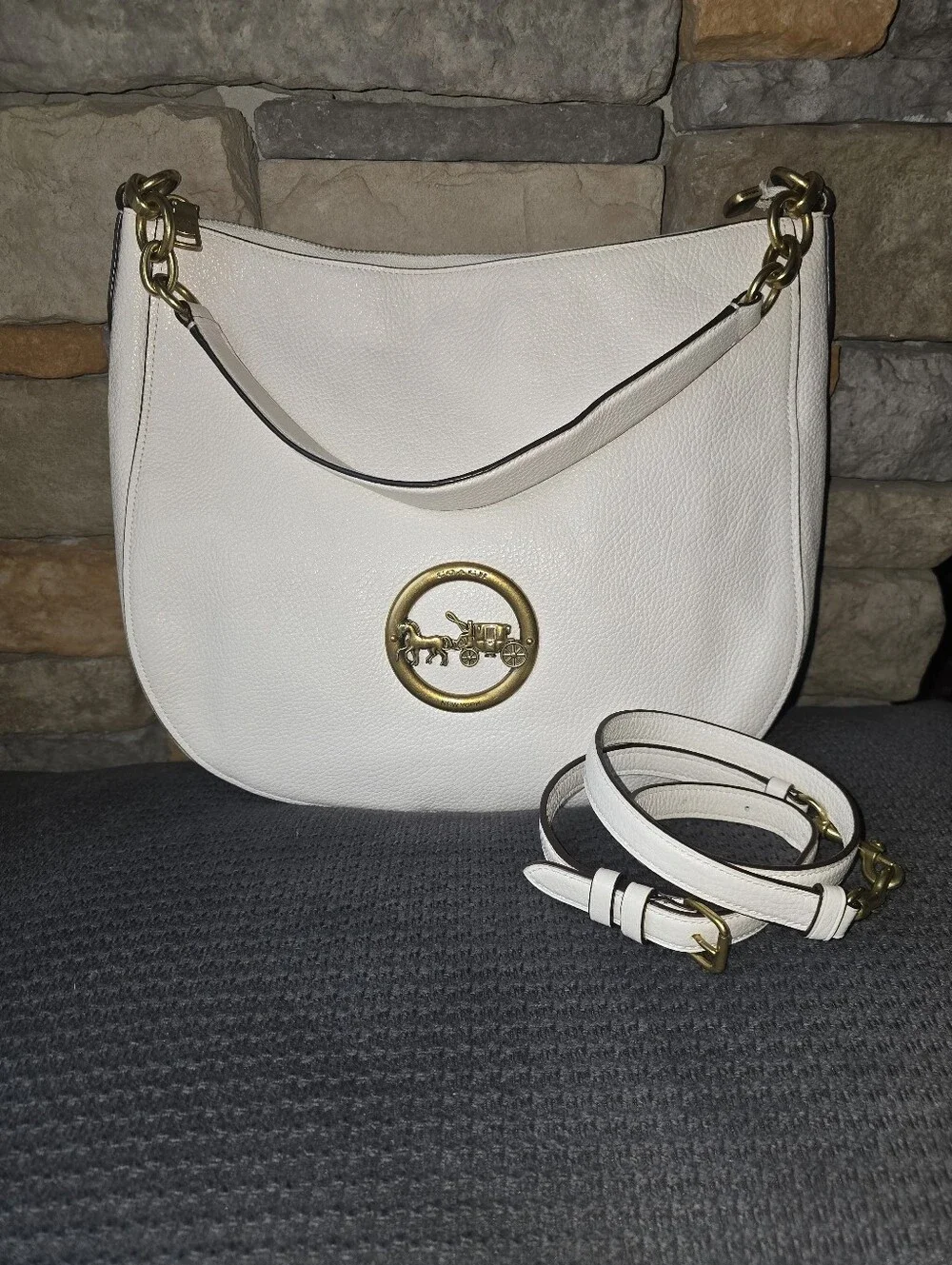 COACH F31400 Elle Hobo 2 Way Shoulder Bag Chalk White Pebble Leather Brass Logo